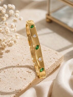 Gold Bangle Bracelet with Green and Clear Stones